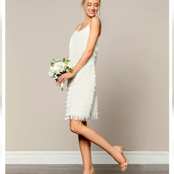 Aidan By Aidan Mattox Fringed Square Neck Sleeveless Mini Dress - Picture 1 of 8